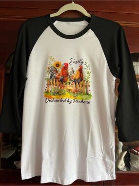 New Women’s Long Sleeve Raglan Tee - Black/White Rooster Graphic